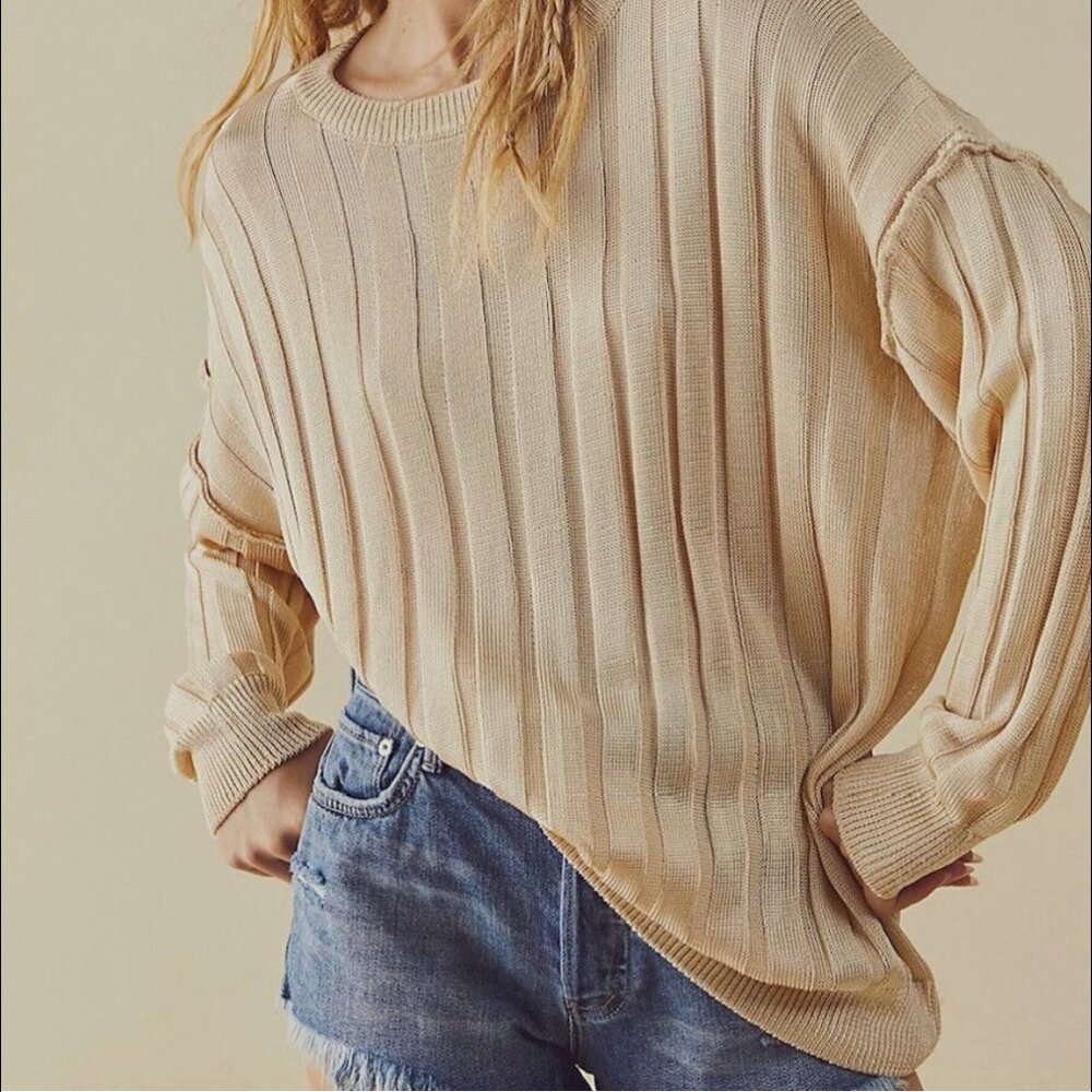 Free People Next Level Tunic in Marzipan Champagne Gold Oversized Sweater (SZ L)